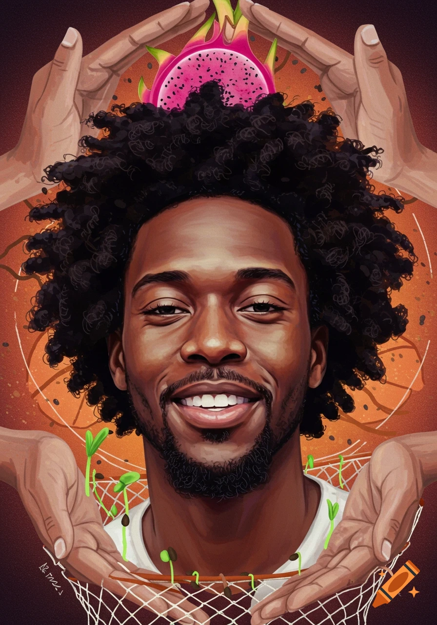 Illustrative portrait of a smiling Black man with curly hair, framed by hands, a dragon fruit, and sprouting seeds.