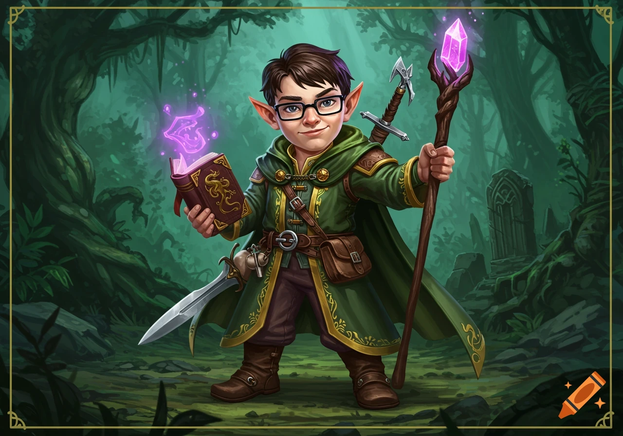A young gnome wizard in elven robes and glasses holds a glowing spellbook and staff in a magical forest, with a cocky expression.