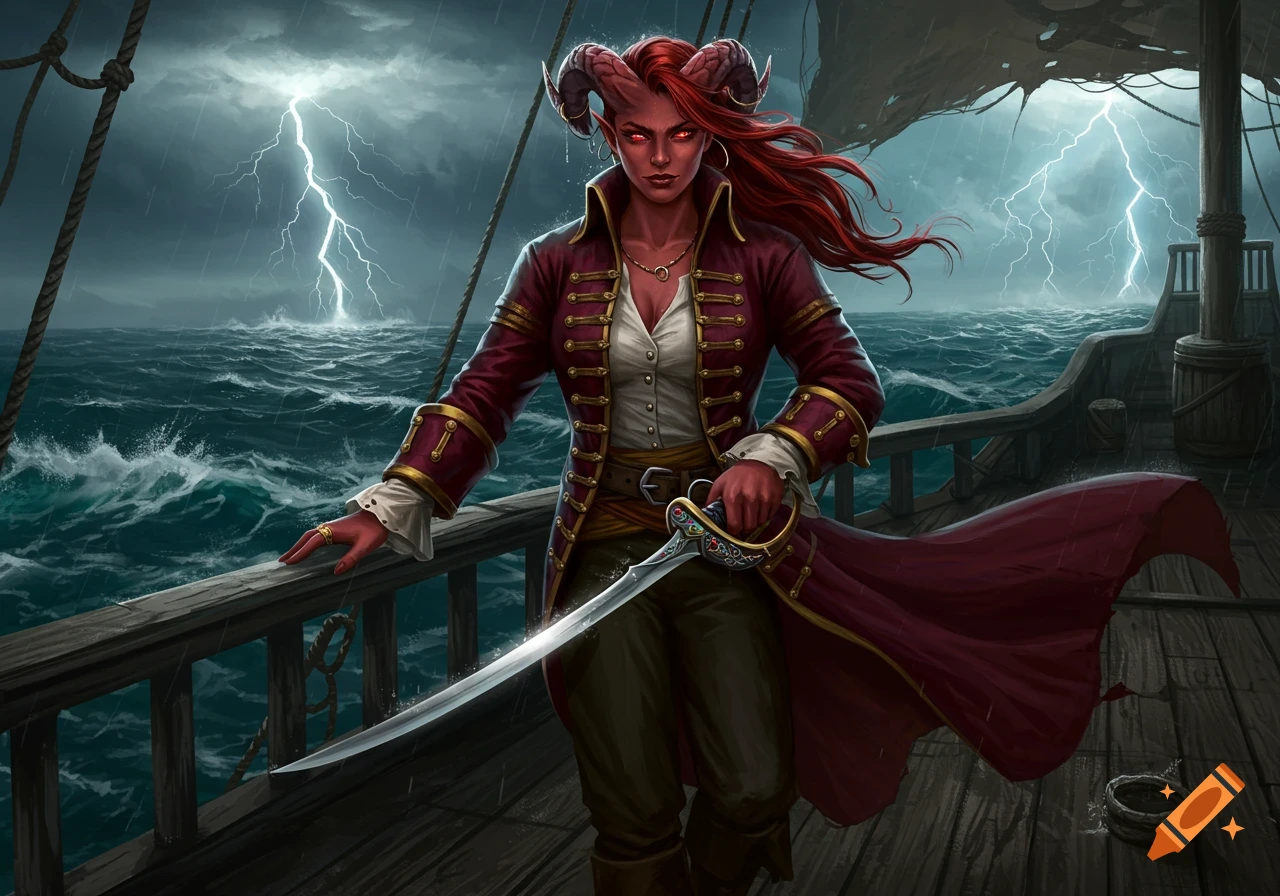 A red-skinned Tiefling pirate captain stands on a ship's deck during a stormy night, holding a cutlass as lightning strikes.