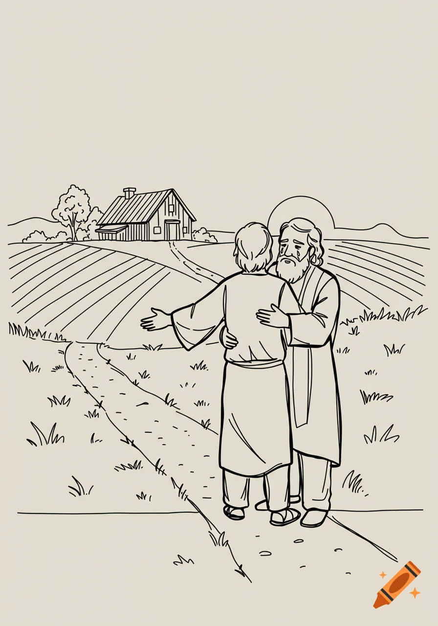 A line drawing of an older bearded man embracing a younger man in a field, with a barn and cultivated rows in the background.
