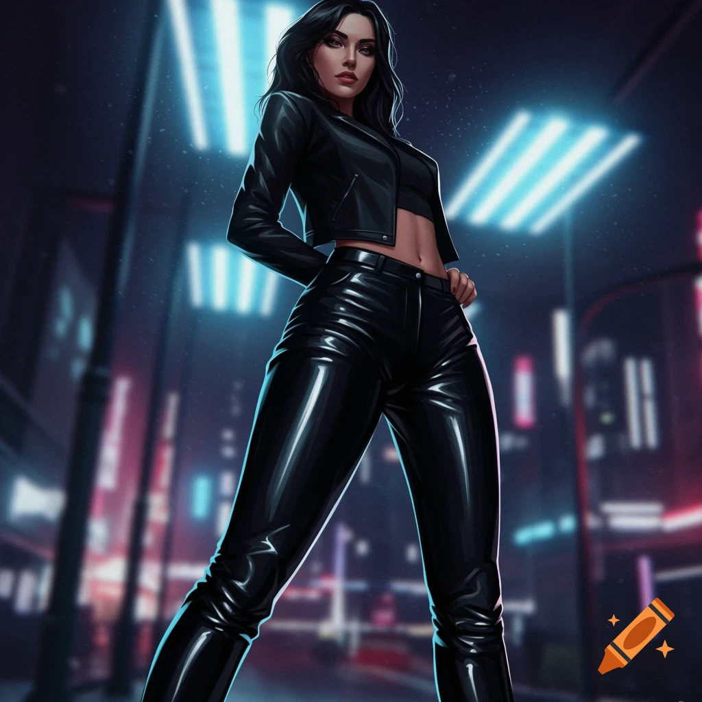 A woman with dark hair in a black leather jacket and shiny leather pants stands in a neon-lit urban alley.