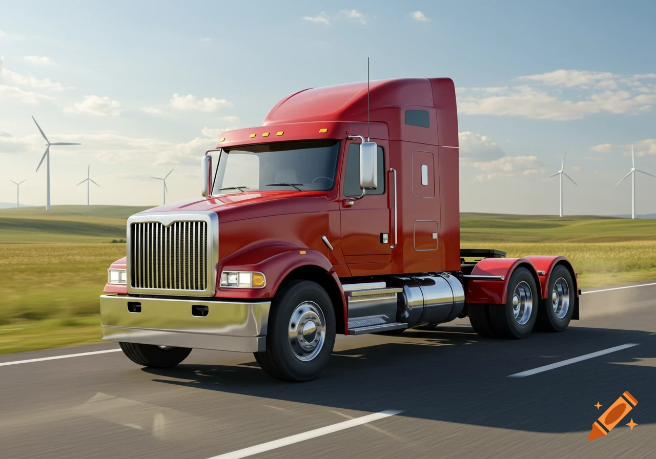 A red semi-truck drives on a highway with wind turbines in a green field under a partly cloudy sky.