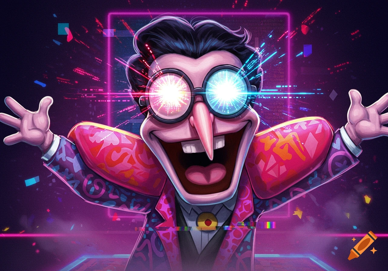 Stylized cartoon character Spamton from Deltarune with glowing eyes, wide grin, and patterned suit amidst glitch effects and neon lights.
