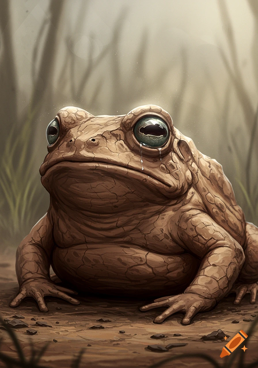 A large, cracked clay toad with big, glassy eyes and a sorrowful expression sits on the dry ground.