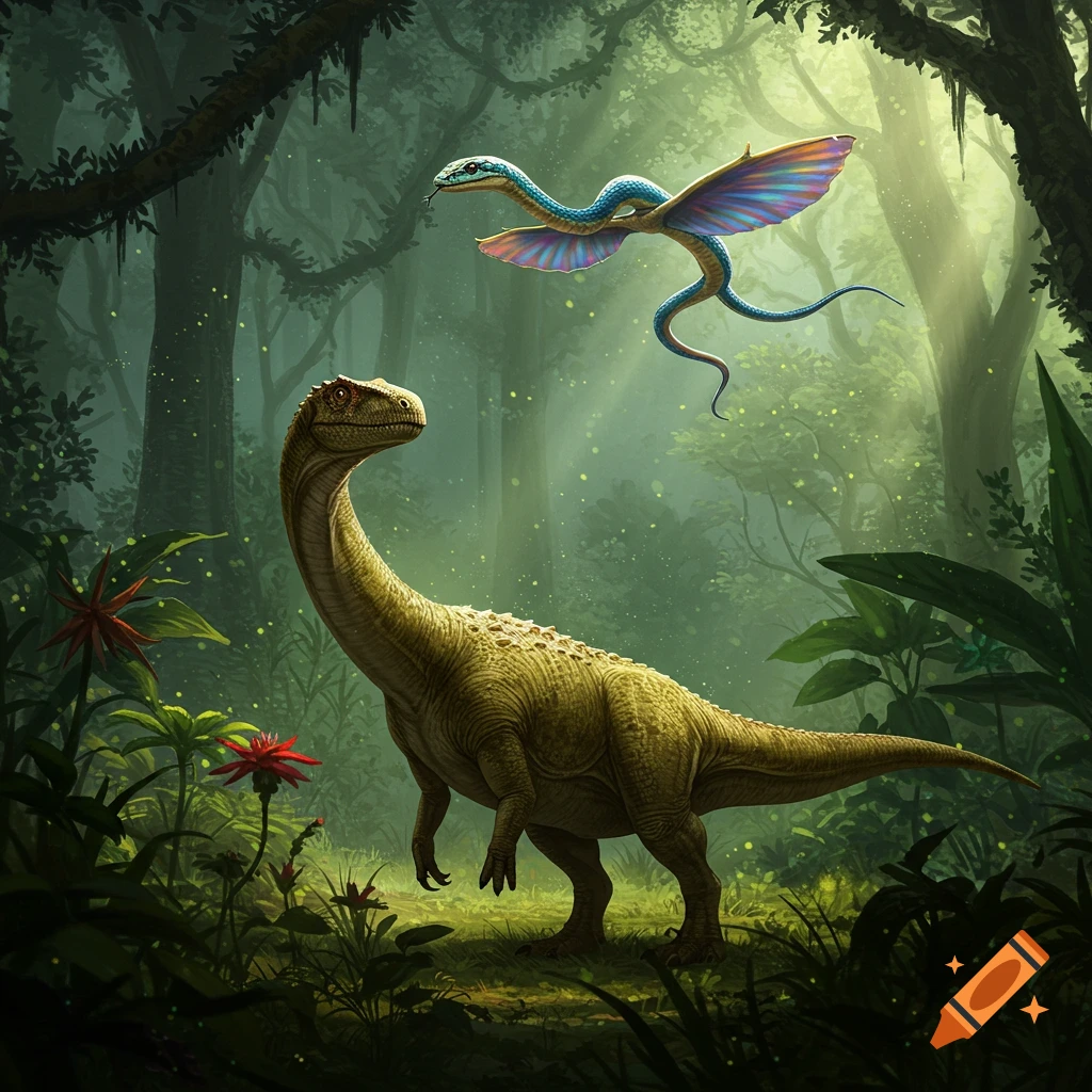 A large green dinosaur looks up at a colorful flying snake with wings in a lush, sunlit jungle.