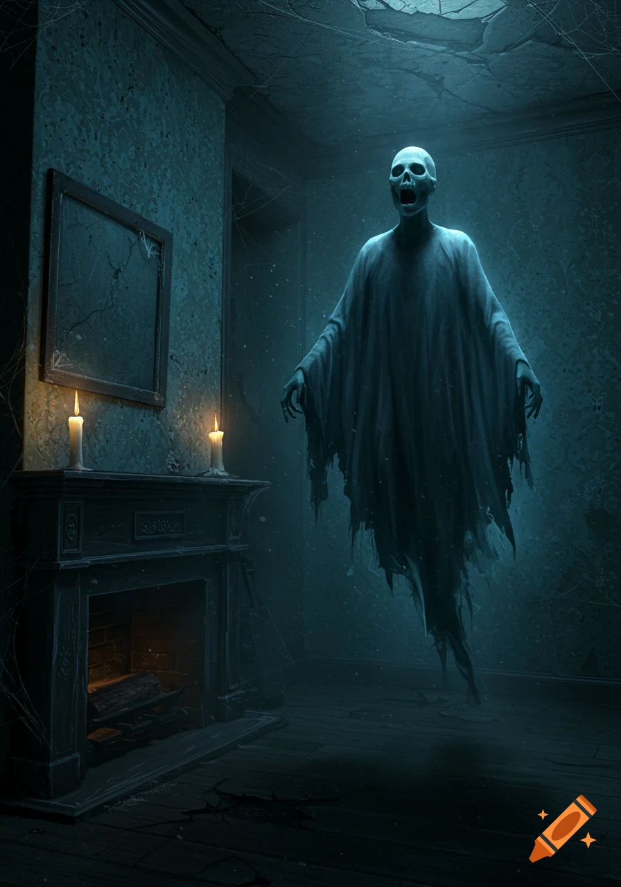 A skeletal ghost with a skull face and tattered shroud floats in a dark, decaying room with a fireplace and lit candles.
