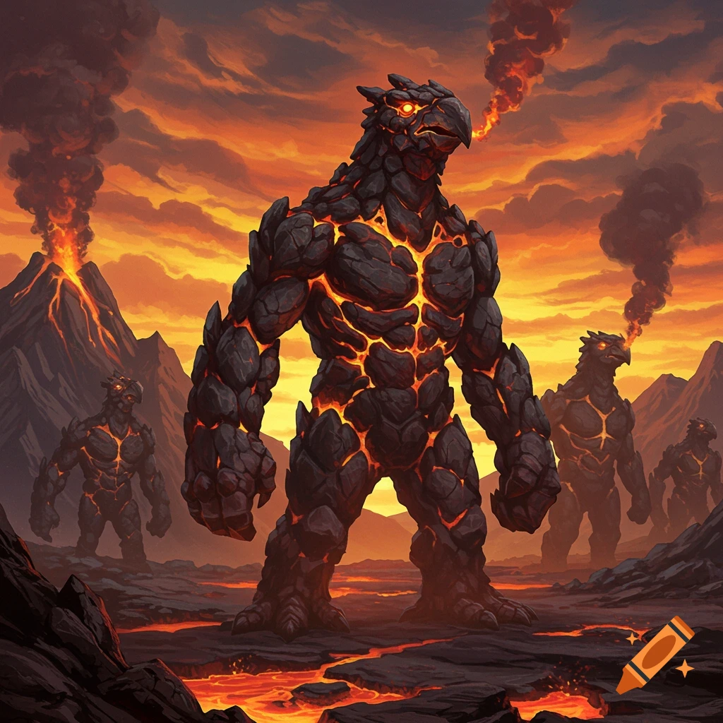 Giant lava and rock monsters, resembling birds, stand in a fiery volcanic landscape with erupting volcanoes under an orange sky.