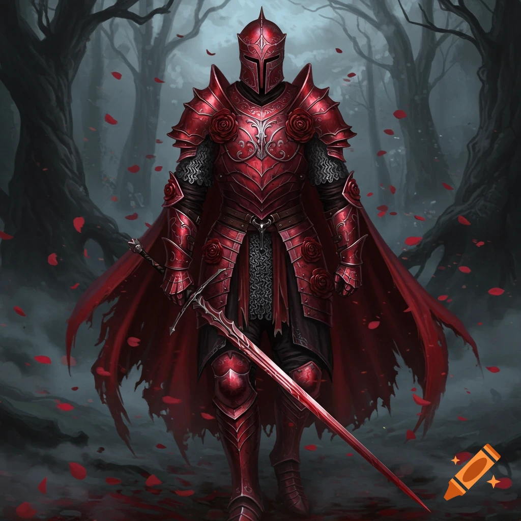 A knight in ornate red plate mail armor with a closed helm, holding a blood-red sword, stands in a dark forest with falling rose petals.