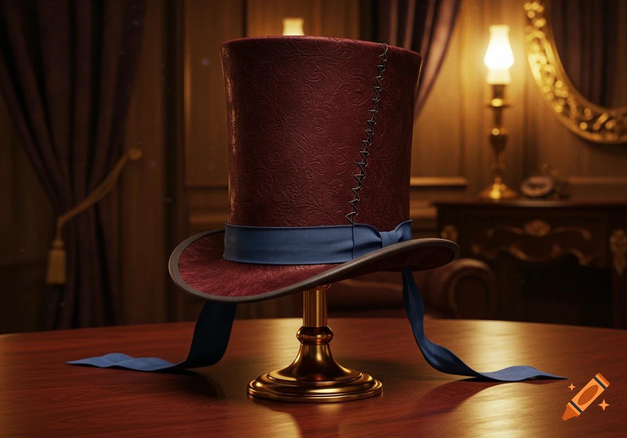 An ornate red top hat with a blue ribbon on a golden stand, in a dimly lit, luxurious room.