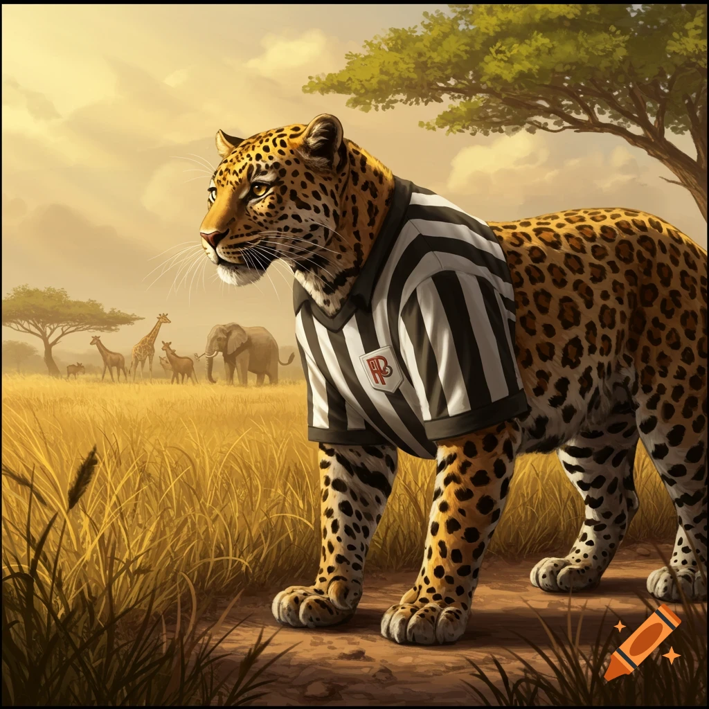 A photorealistic leopard in a referee uniform stands in a golden savanna with giraffes and elephants in the background.
