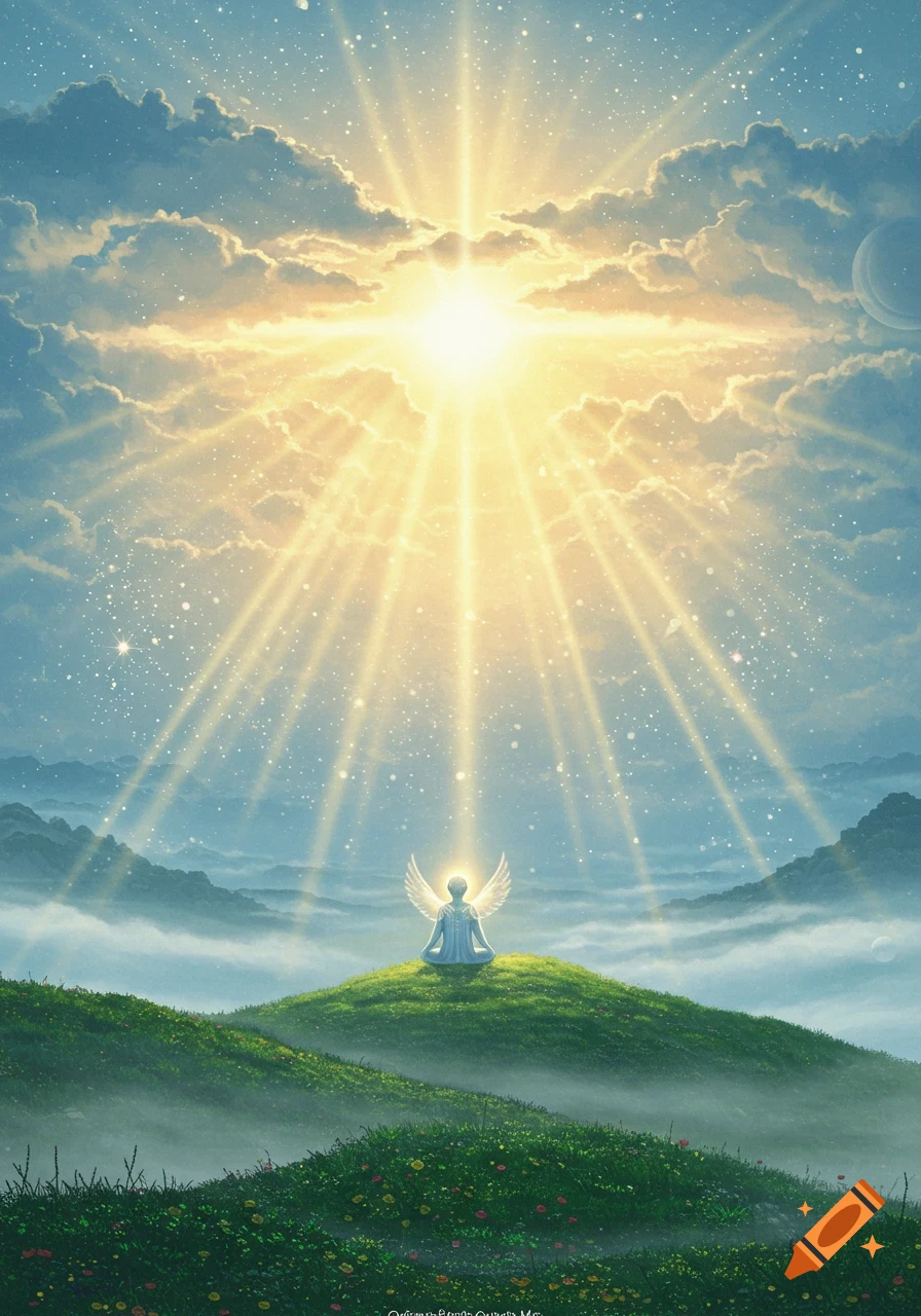 An angelic figure with wings meditates on a grassy hill, bathed in bright sunbeams from a cloudy sky.