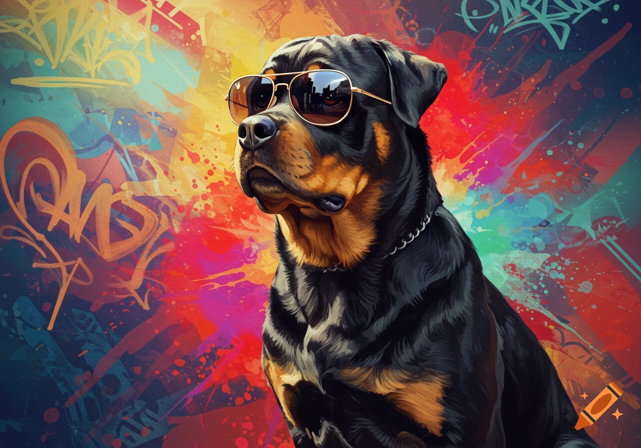 A cool Rottweiler dog wearing sunglasses against a vibrant, colorful graffiti background.