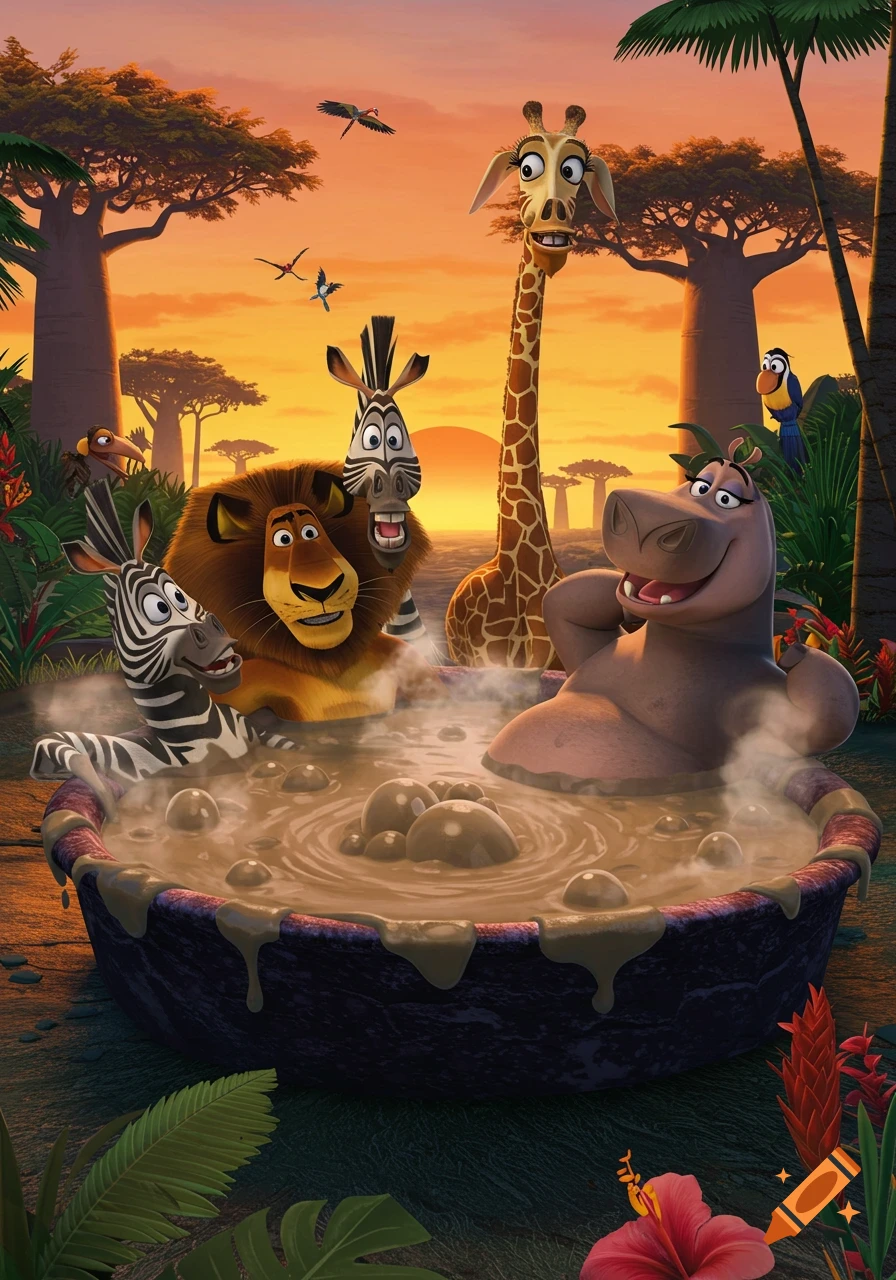 Madagascar characters Alex, Marty, Melman, and Gloria relaxing in a muddy hot tub at sunset in the savanna.