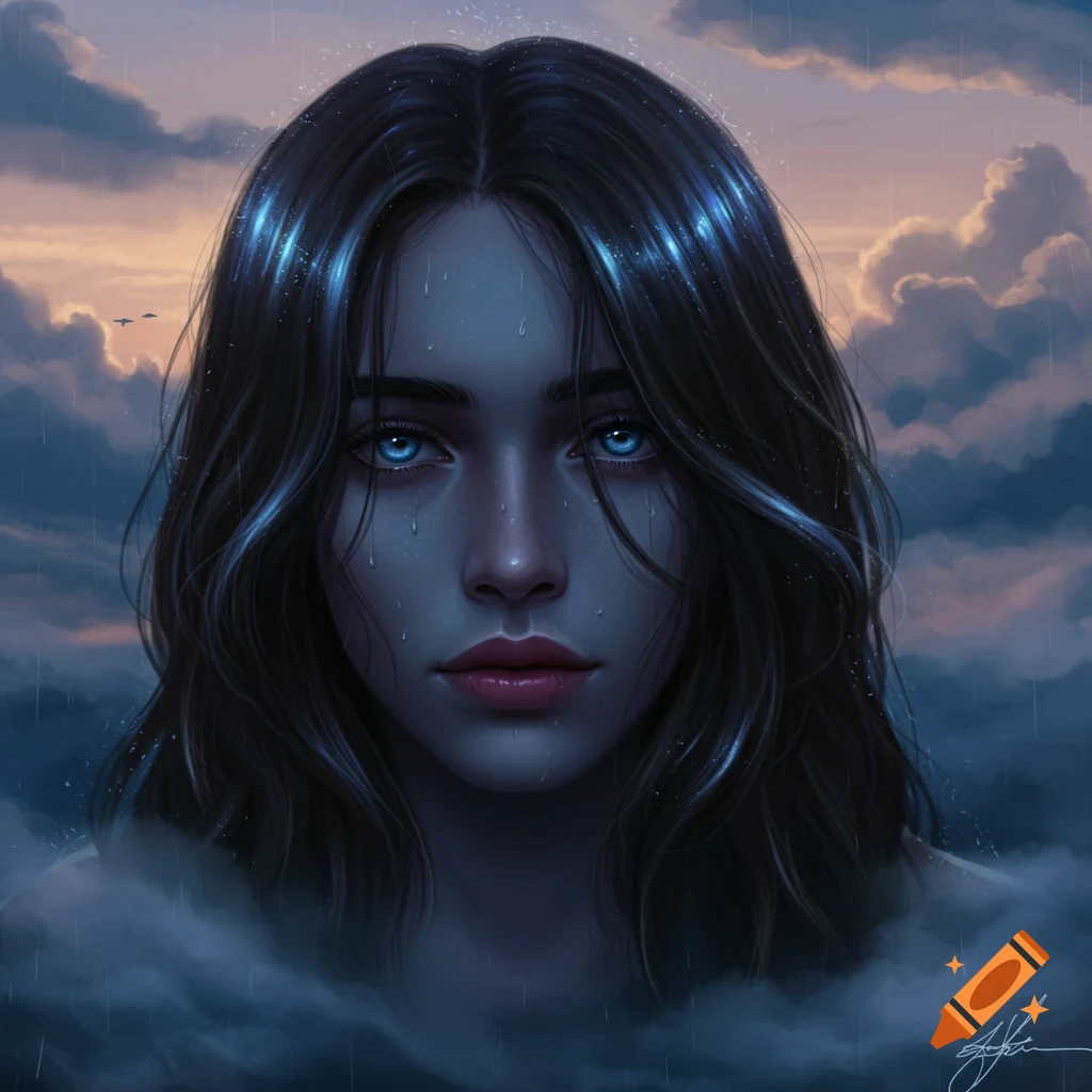 Digital art portrait of a woman with dark, wet hair and striking blue eyes, water drops on her face, set against a stormy sky.