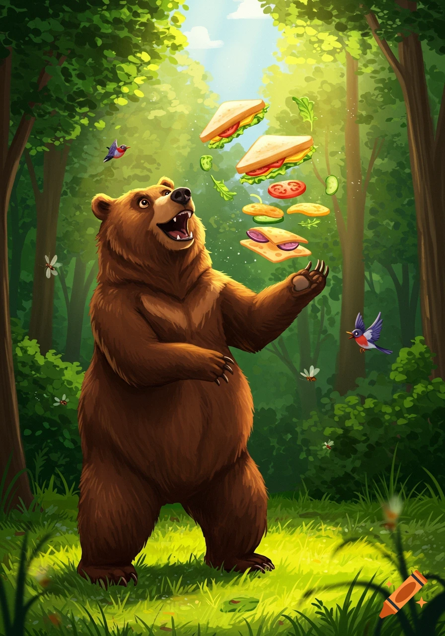 A happy cartoon bear in a sunny forest juggling sandwich ingredients like bread, lettuce, tomato, and cheese.