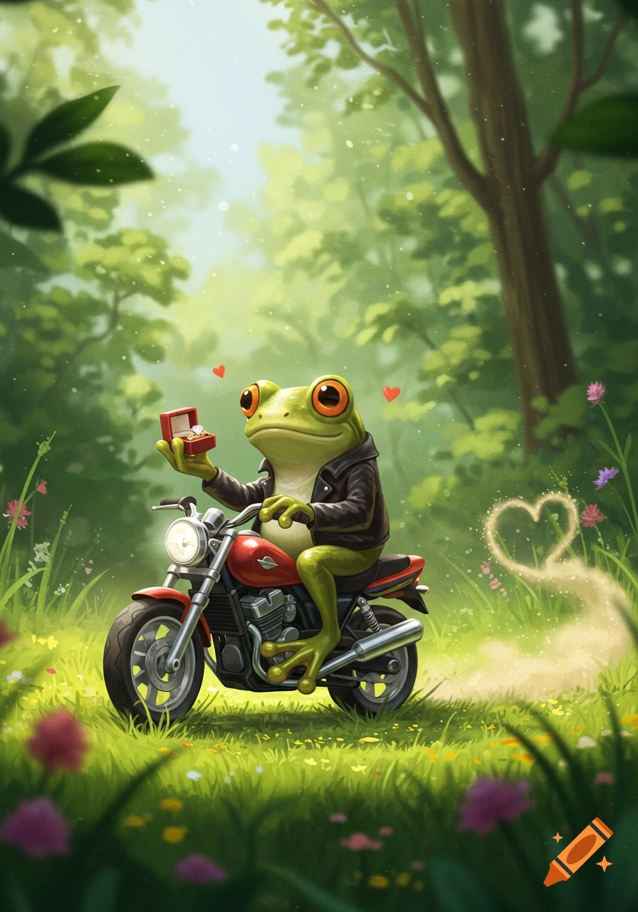 A cartoon frog in a leather jacket rides a red motorcycle in a forest, holding an engagement ring box with heart emojis and a sparkling heart trail.