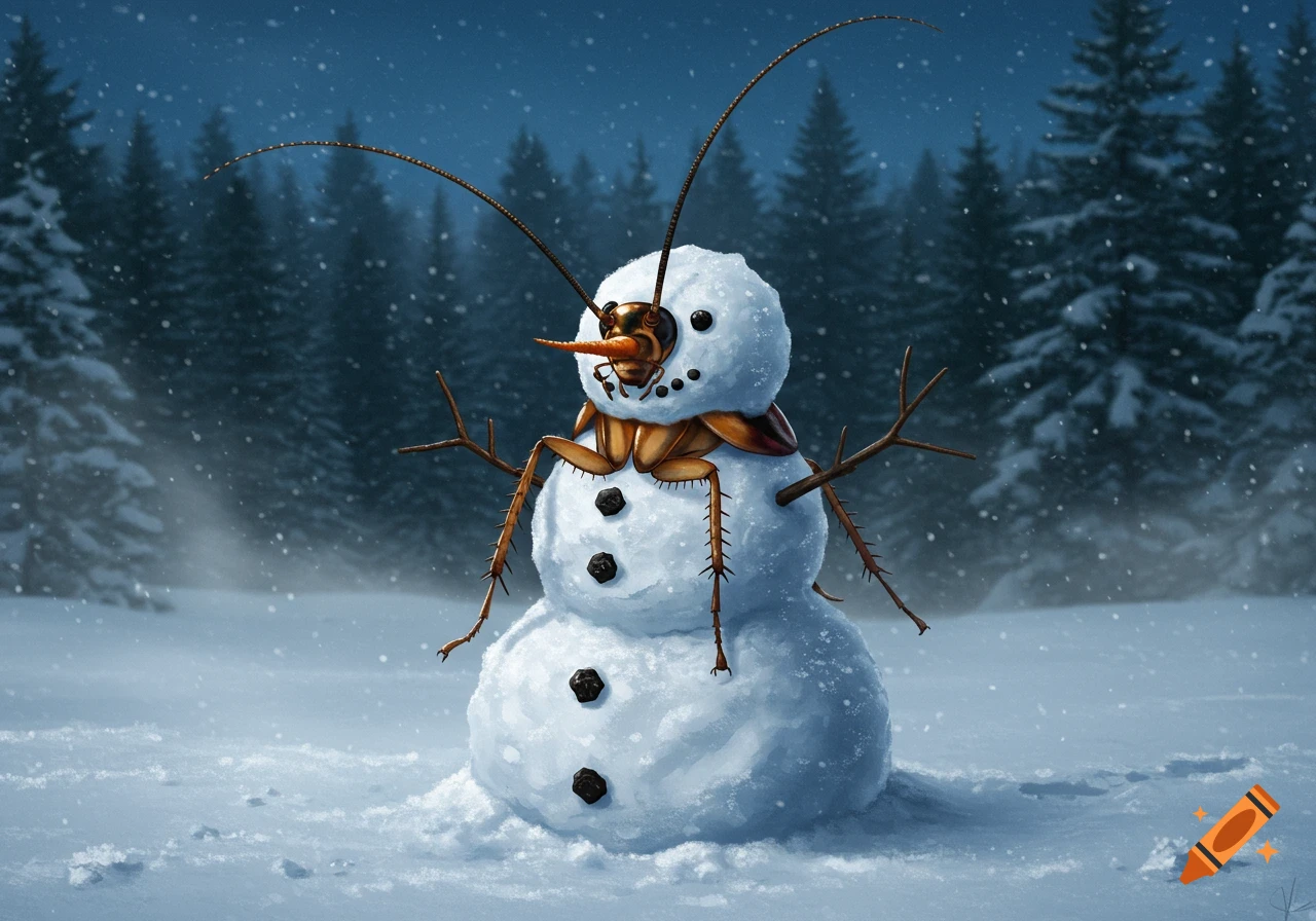 A fantastical snowman with a cockroach head, antennae, and legs stands in a snowy winter forest at night.