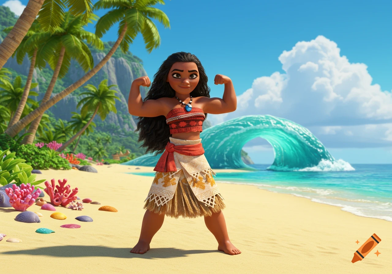 Moana, a 3D cartoon character, flexes her muscles on a sunny tropical beach with palm trees and a large ocean wave.
