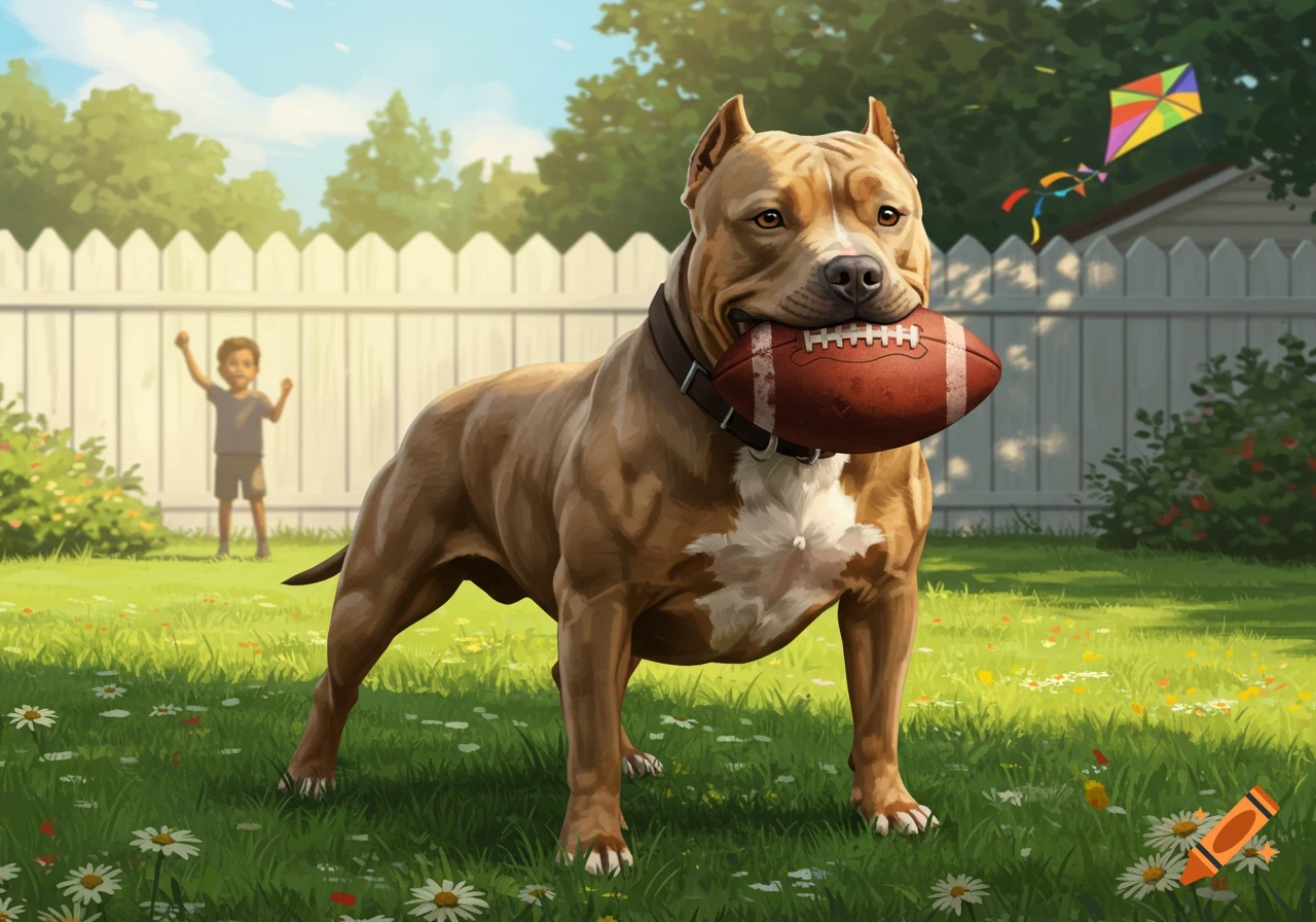 An illustrated tan pit bull holds a football in its mouth in a sunny backyard with a child and a kite.