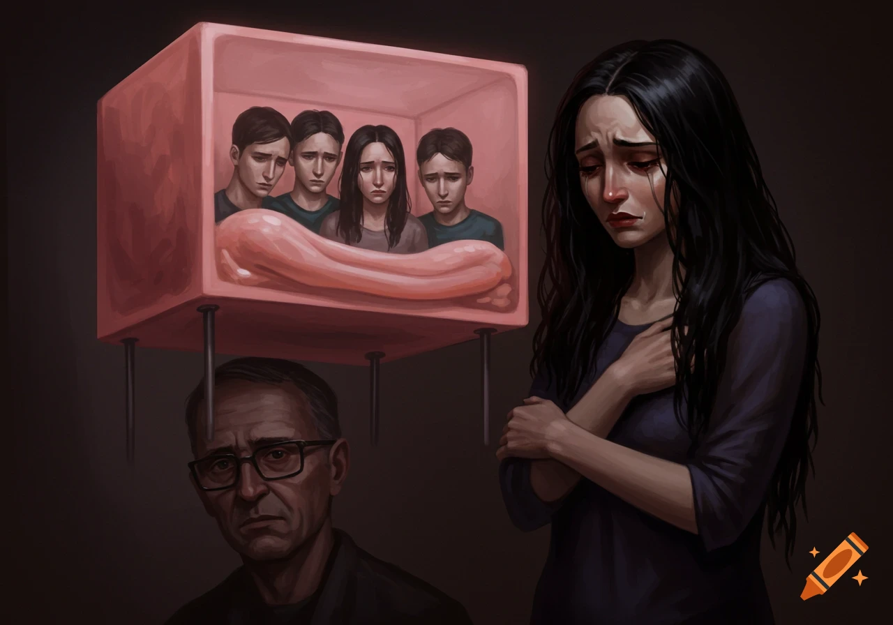 A crying woman with long black hair stands, a fleshy pink box containing four sad children floats above, and a stern man with glasses looks on.