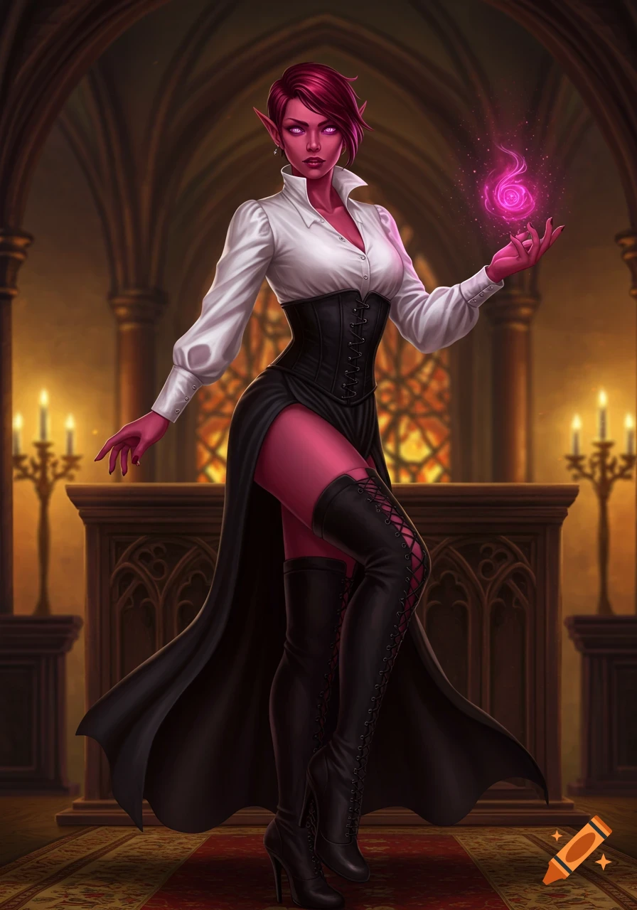 A red-pink skinned female elf with crimson hair, wearing a white blouse, black corset, long black skirt, and thigh-high boots, holding a pink magical orb in a gothic cathedral.