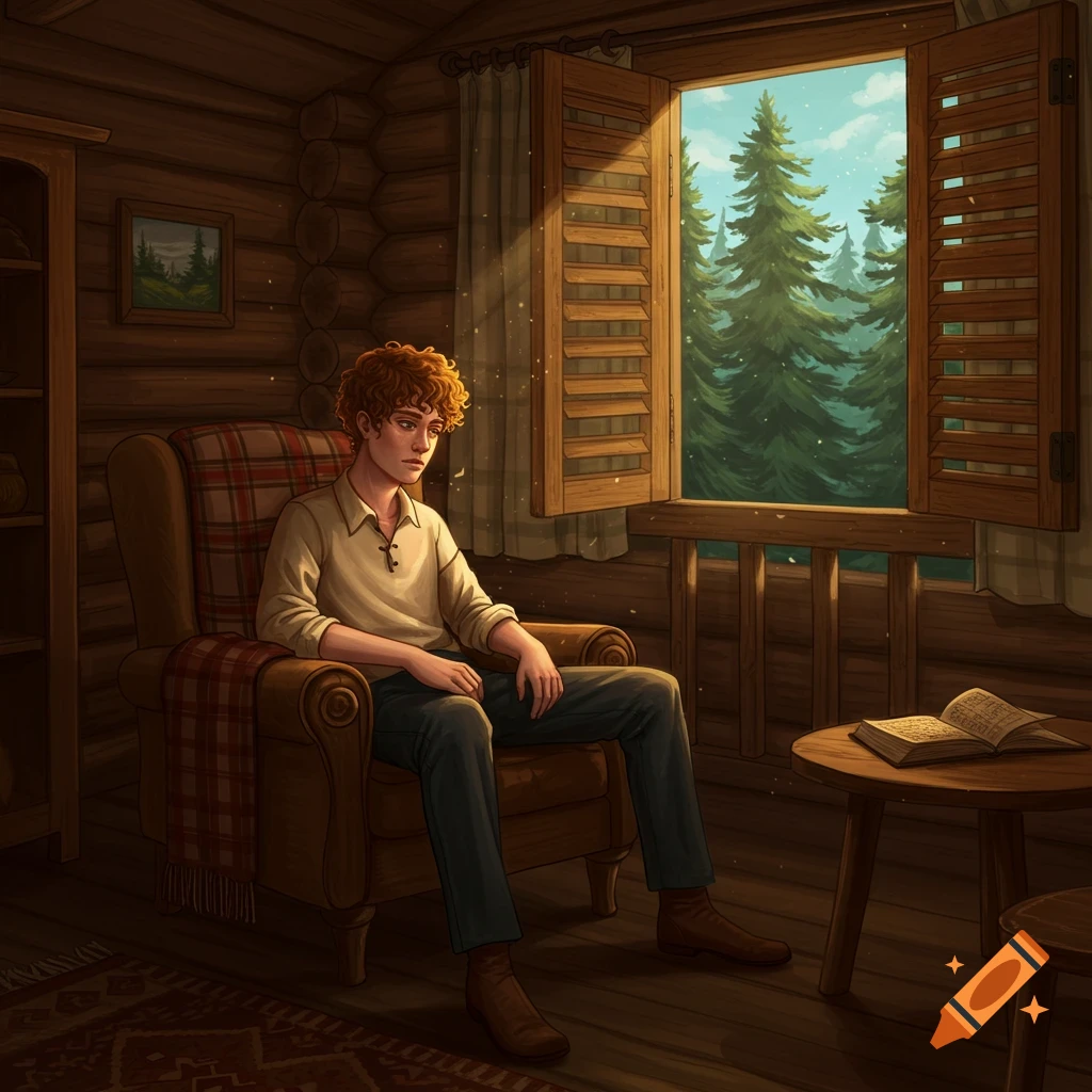 A young man with curly red hair sits in a cozy wooden cabin, sunlight streaming from a window showing a forest. Illustrative style.