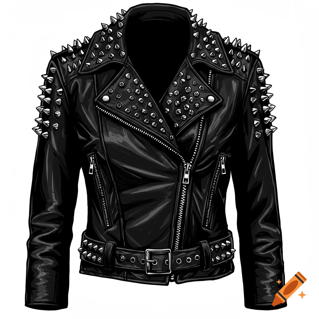 A black leather jacket with silver studs, zippers, and a buckled belt, depicted in an illustrative style.