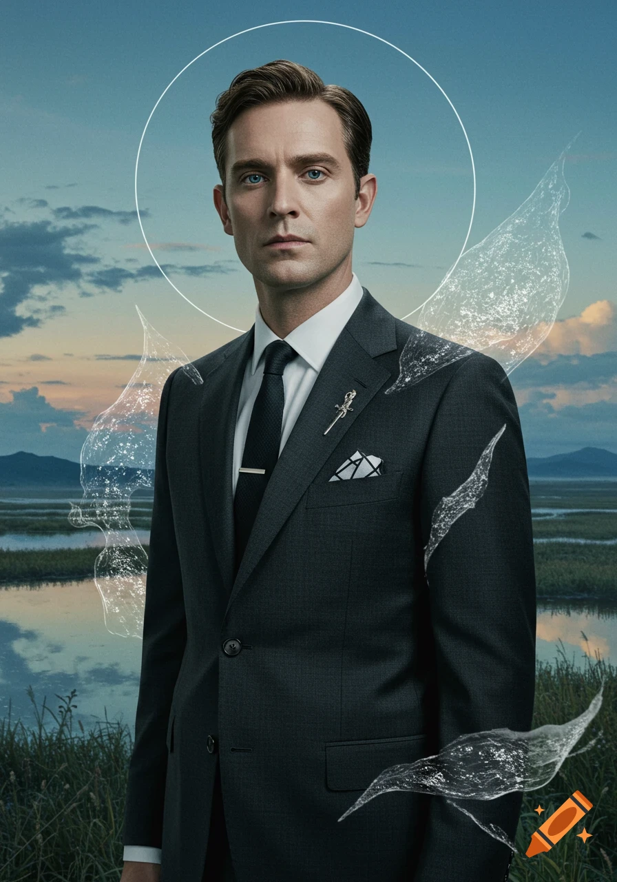 Photorealistic portrait of a serious man in a dark suit with a halo and abstract ethereal wings against a marshy sunset landscape.
