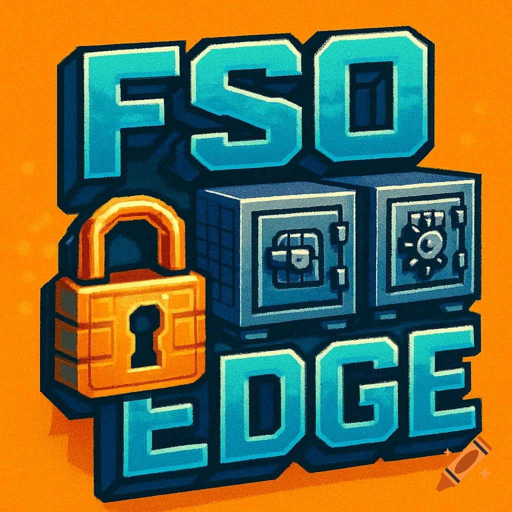 16-bit style logo for FSO Edge with a golden padlock and two gray safes on an orange background.