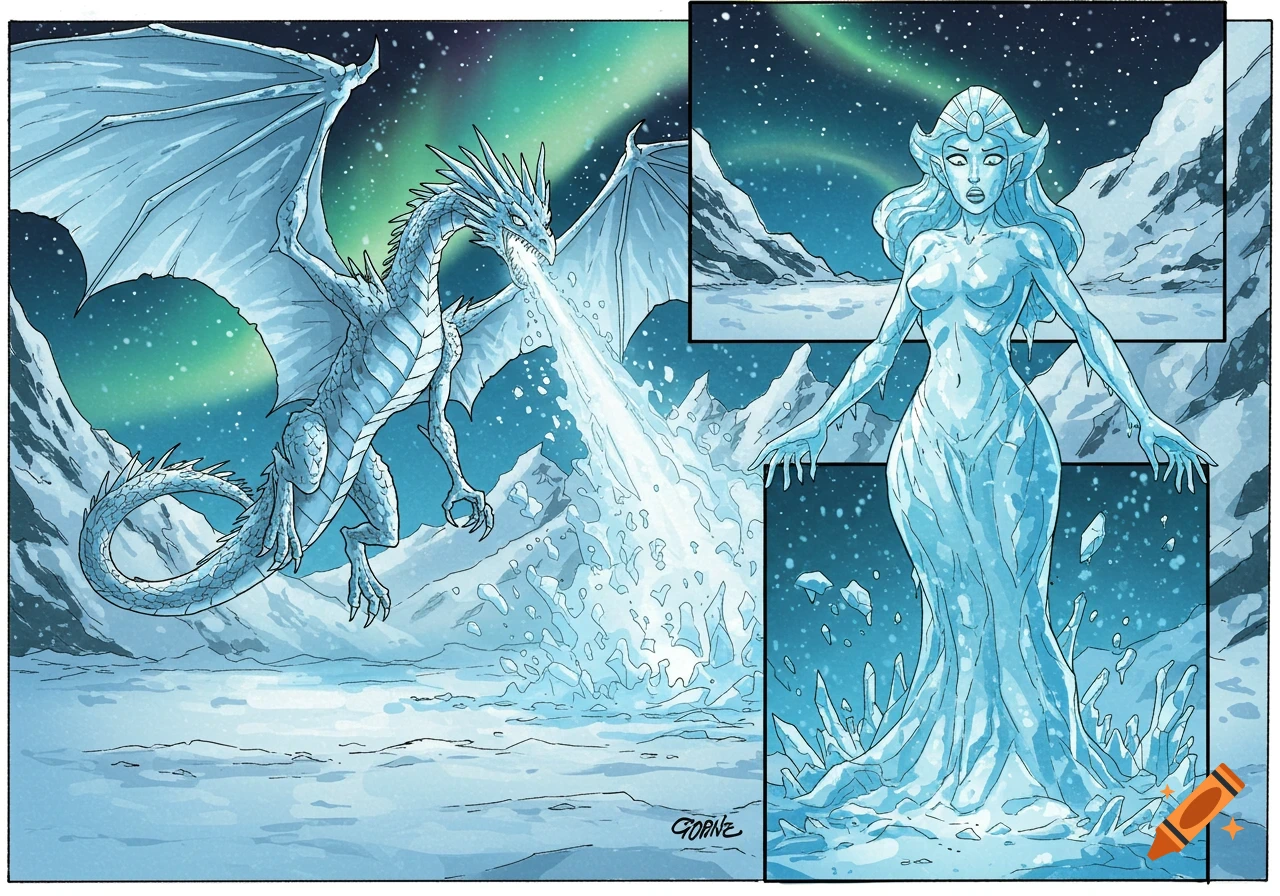 Comic art of an ice dragon breathing ice at an ice statue of a woman, set in snowy mountains under northern lights.