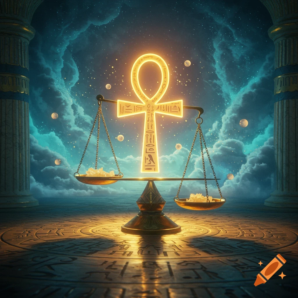 A glowing golden Ankh symbol serves as a cosmic scale, weighing bright fragments under a mystical, cloudy night sky with celestial bodies and ancient pillars.