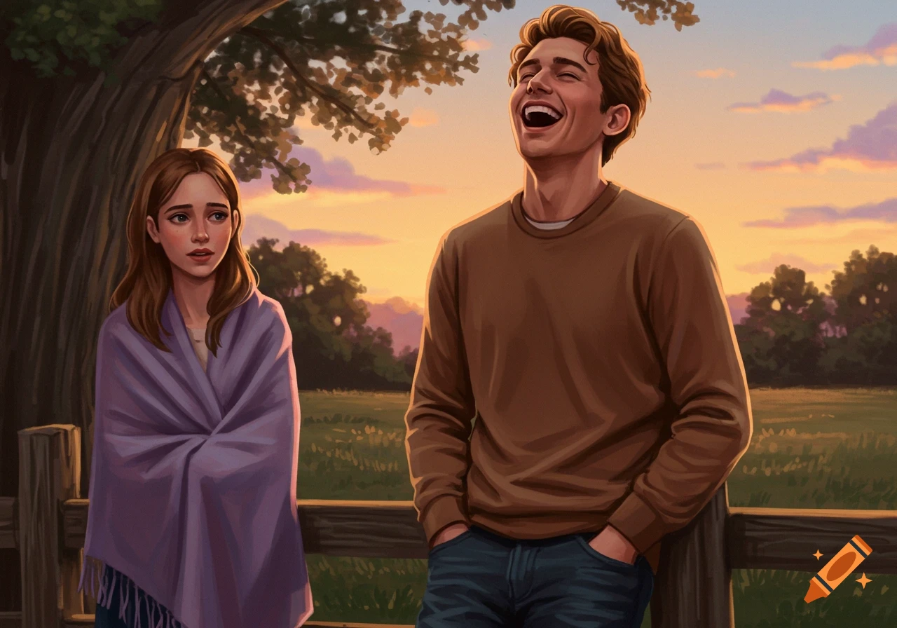 An illustrated scene of a man laughing while a sad woman wrapped in a shawl stands beside him at sunset in a field.