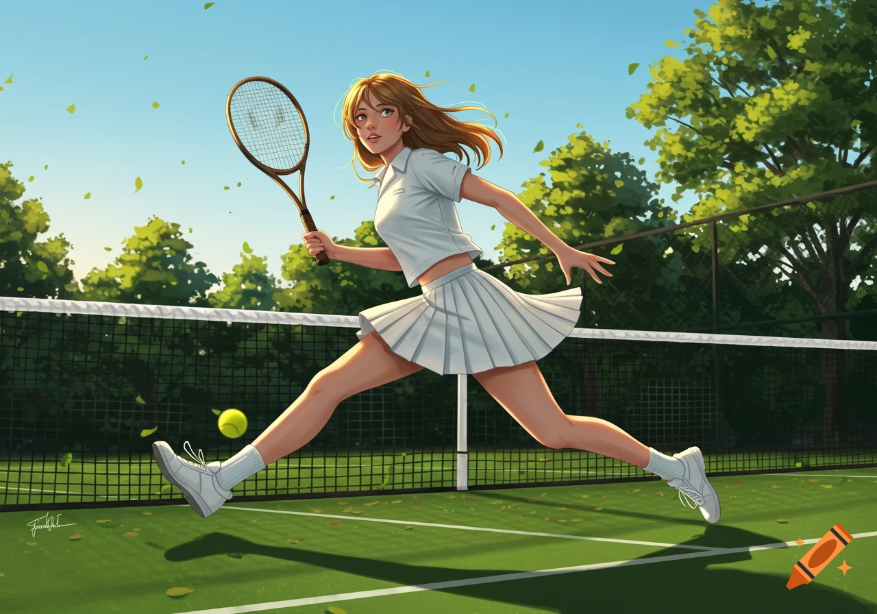 An anime-style illustration of a young woman in a white tennis outfit running across a green court with a racket.