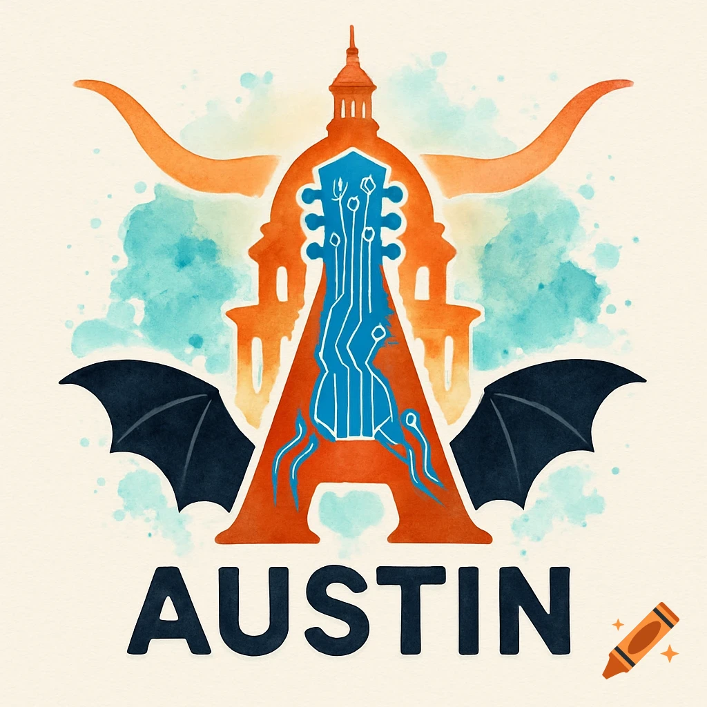 A vibrant watercolor logo for Austin, Texas, featuring a capital A shaped like the Capitol dome, guitar strings, bat wings, and watercolor splashes.