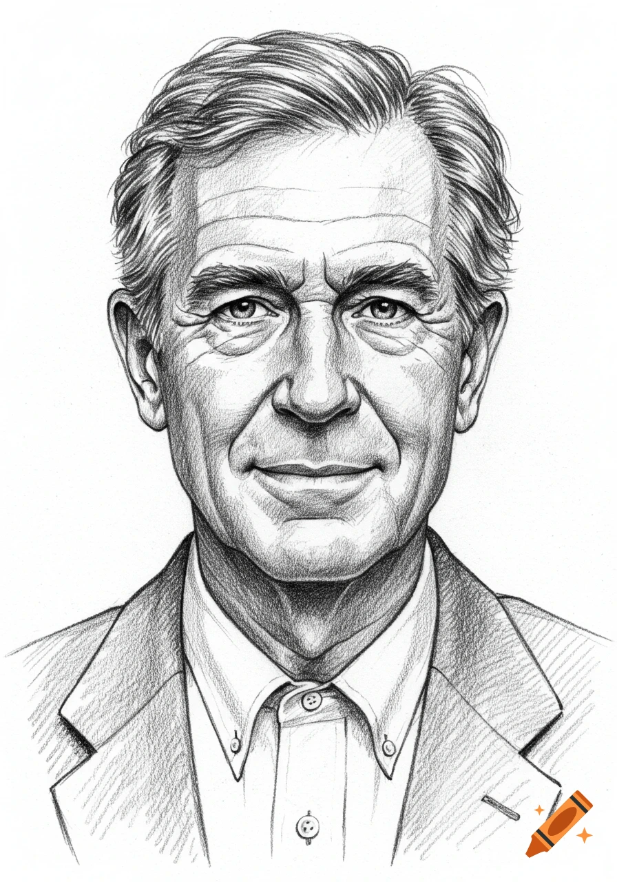 Pencil sketch of an older man with graying hair, a gentle smile, and a confident demeanor, looking forward.