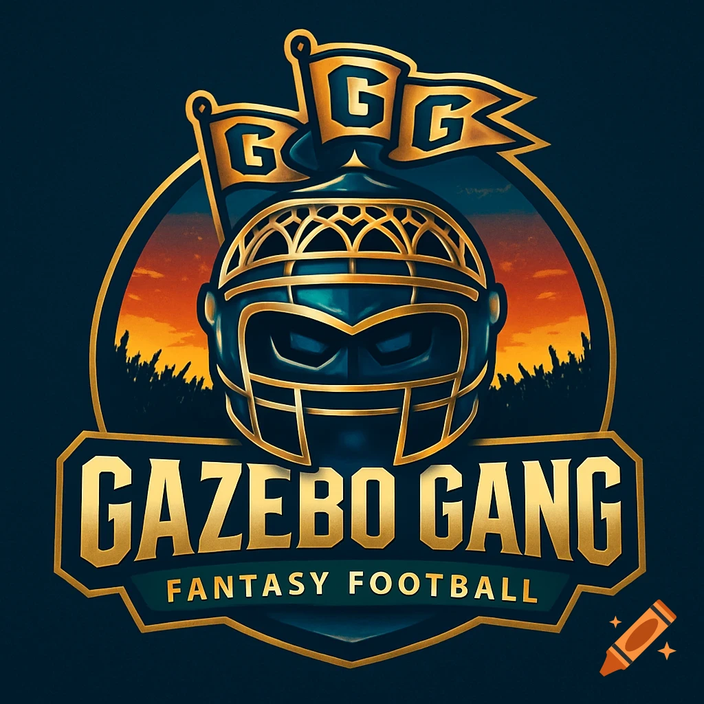 A gold and teal logo featuring a stylized football helmet, two flags with 'GG', and text 'GAZEBO GANG FANTASY FOOTBALL'.