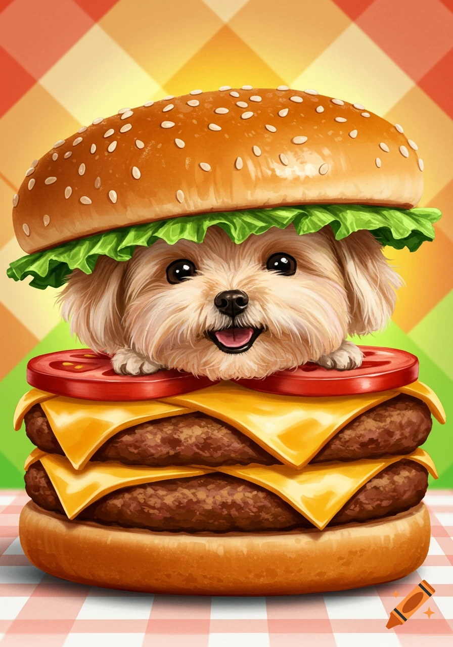 A cute fluffy white puppy smiling from inside a large double cheeseburger, with lettuce and a bun on its head, on a red and white checkered tablecloth.