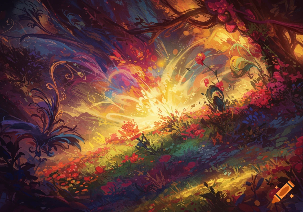 Vibrant, colorful abstract painting of a glowing light in a fantasy forest with lush foliage and flowers.