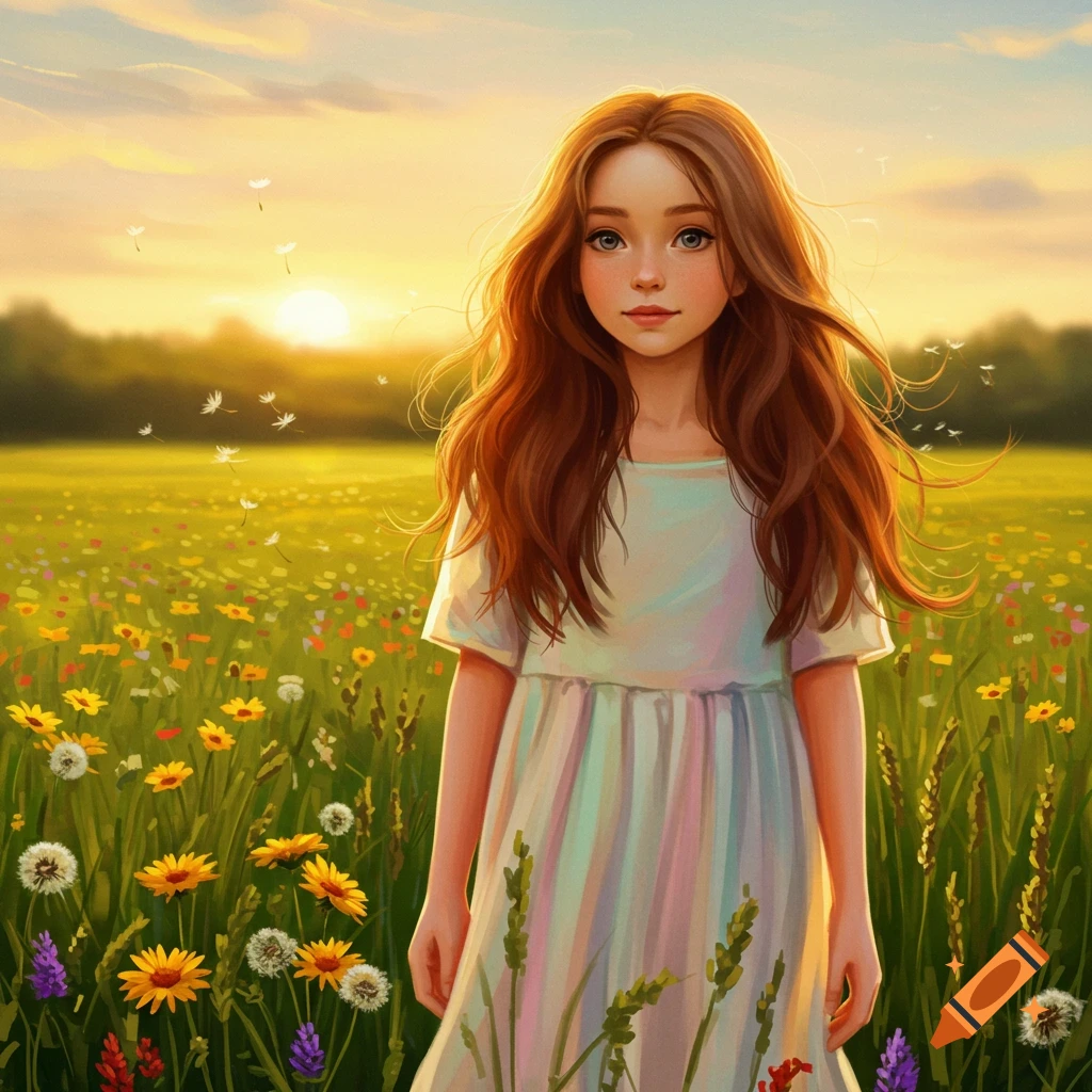 Digital painting of a young girl with long red hair standing in a vibrant field of wildflowers at sunset.