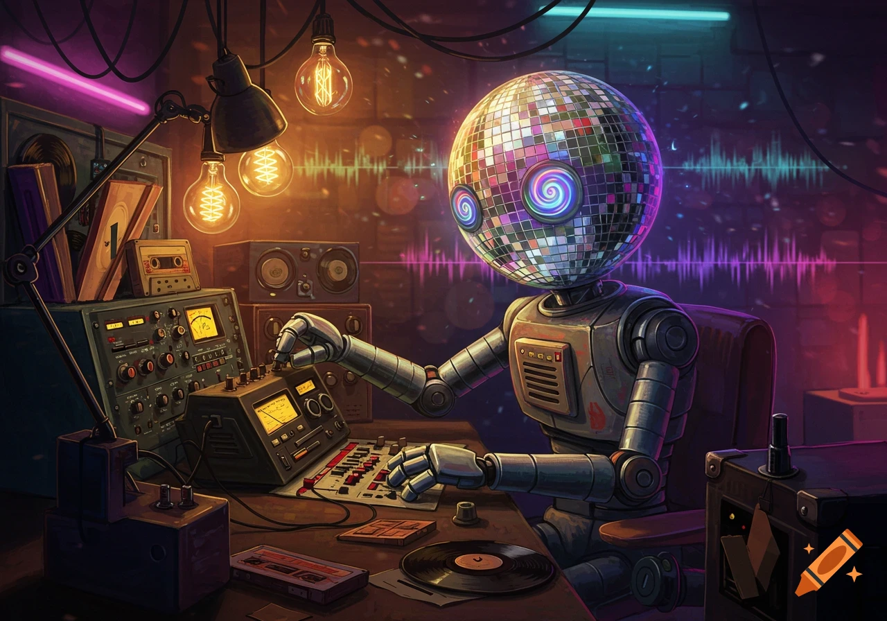 A robot with a disco ball head operates vintage audio mixing equipment in a dark, neon-lit room with glowing sound waves.