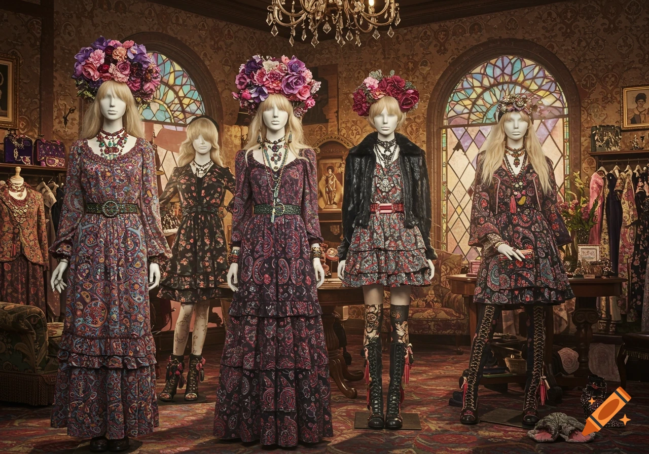 Five mannequins in an ornate boutique display a bohemian fashion collection with floral headpieces and layered paisley dresses.