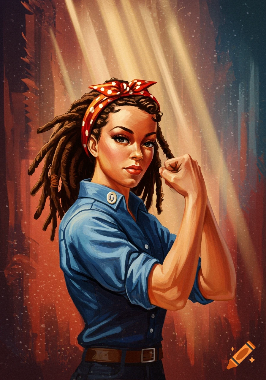 An illustration of a Black woman with dreadlocks and a red polka-dot bandana, wearing a blue work shirt, flexing her bicep in a Rosie the Riveter pose.
