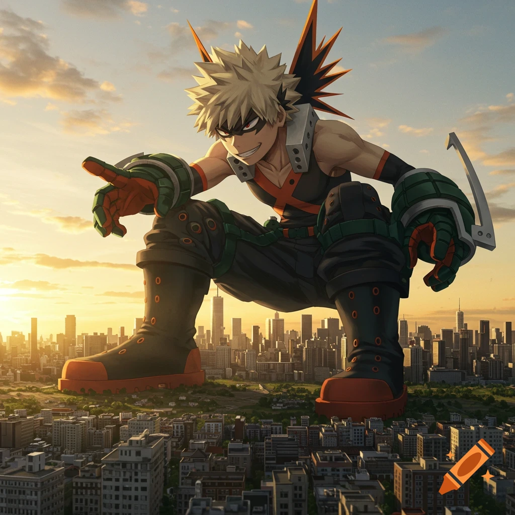 Giant anime character Bakugou crouches over a city at sunset, pointing his finger.