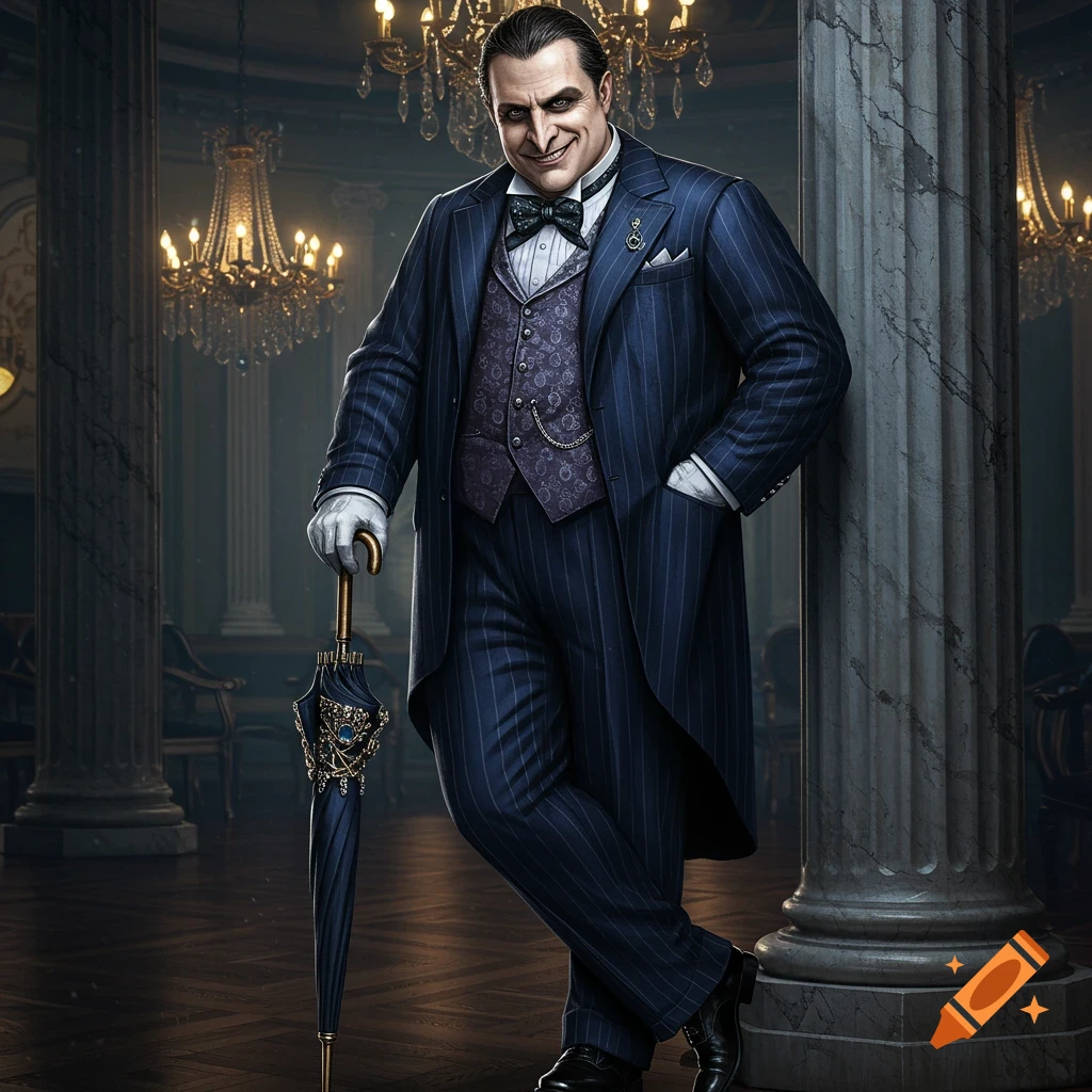 A tall, muscular man resembling The Penguin from Batman, in a pinstriped suit and bow tie, holding an ornate umbrella, in a grand hall.