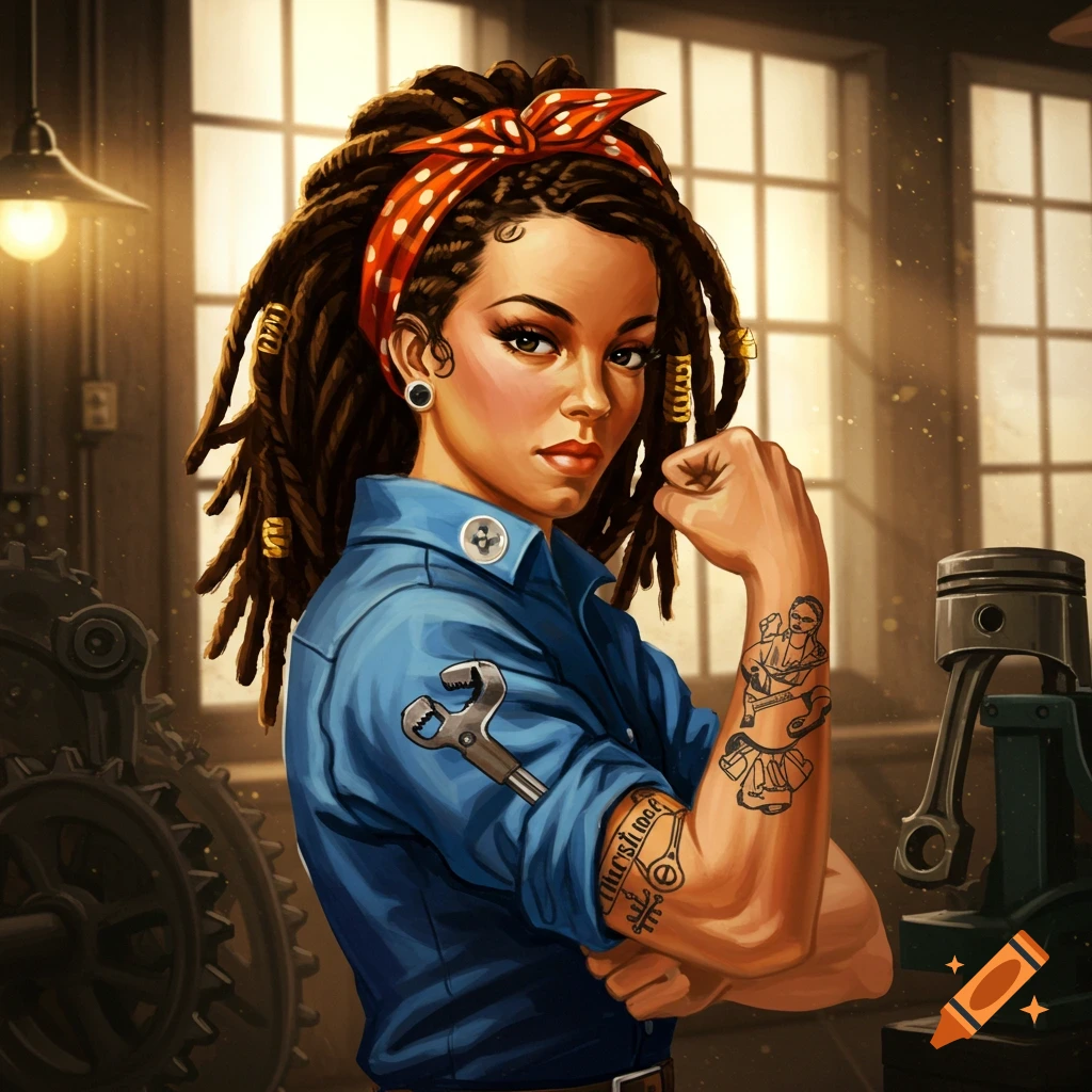 A determined woman with dreadlocks and a red polka-dot bandana, wearing a blue work shirt, flexes her bicep in a stylized illustration of a mechanic.