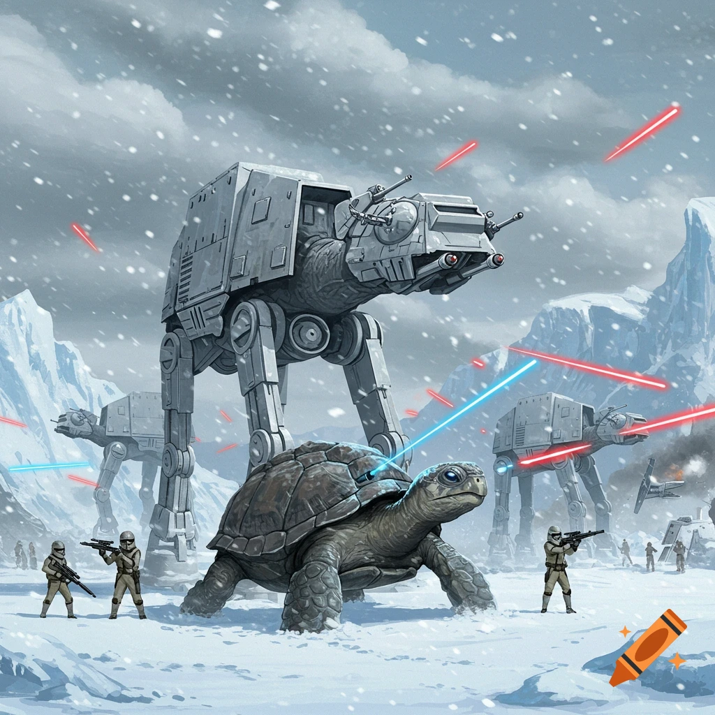 Star Wars-inspired digital art of turtle AT-ATs and soldiers battling on a snowy planet, with laser fire.
