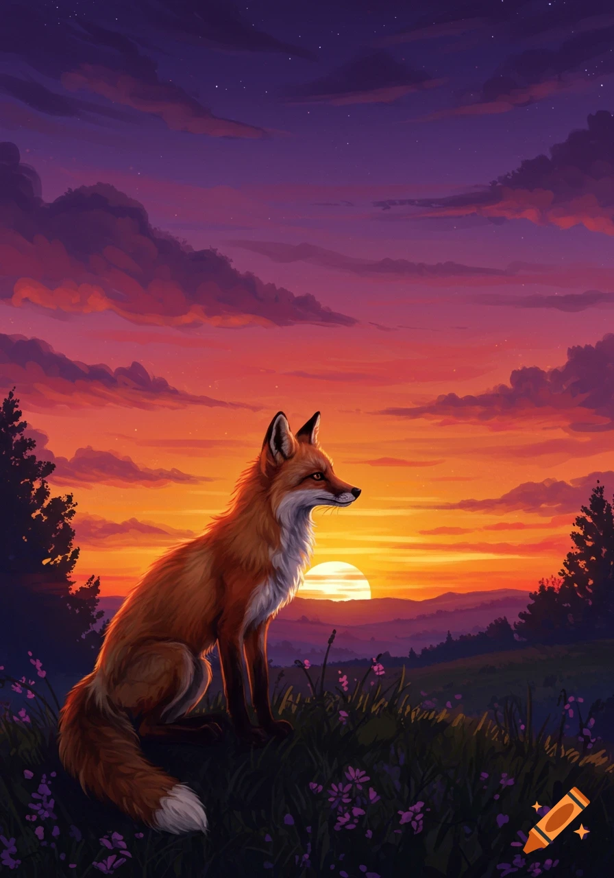 A red fox sits on a grassy hill with purple flowers, gazing at a vivid orange and purple sunset over distant hills. Digital painting.