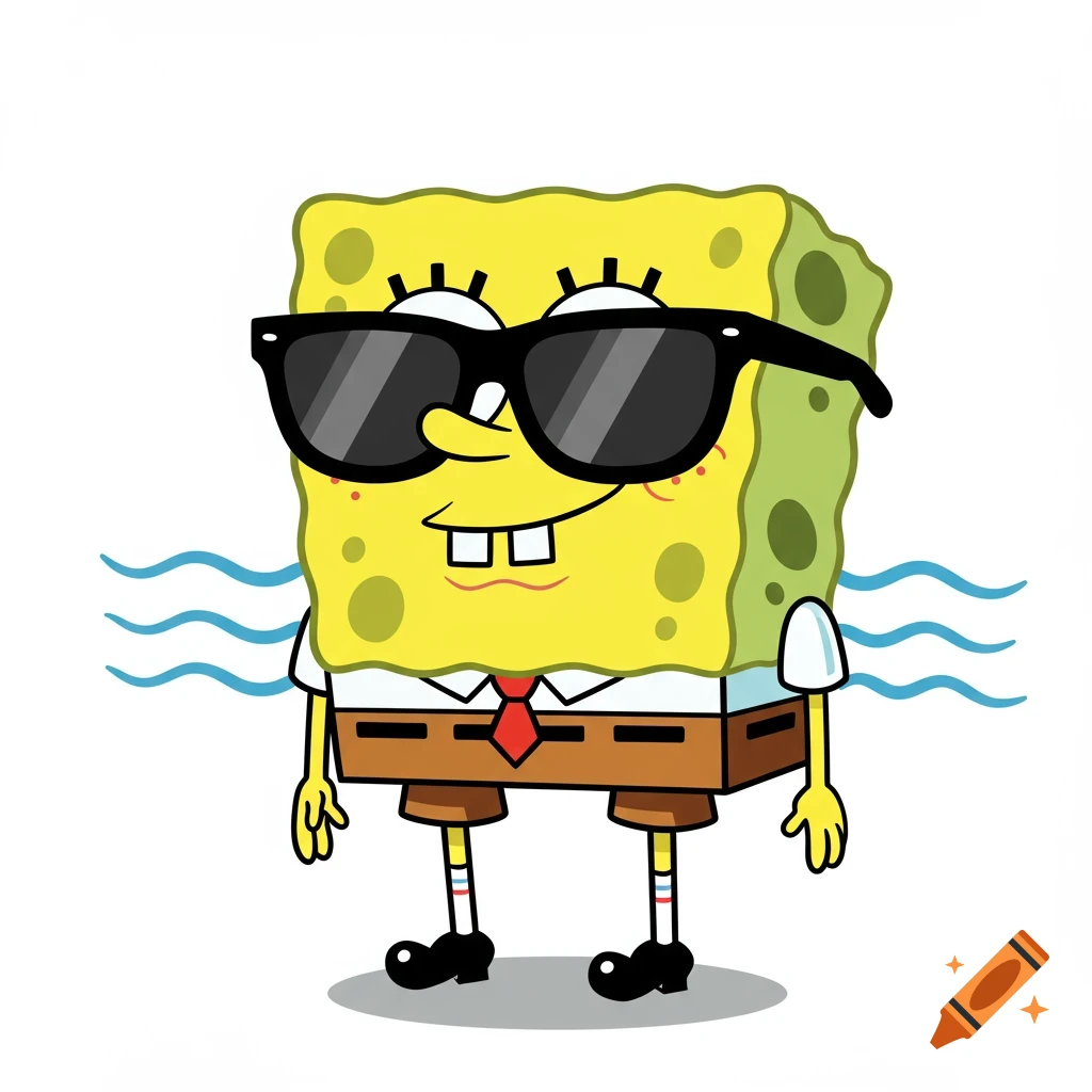 Spongebob SquarePants wearing black sunglasses, standing with waves behind him, in a cartoon style on a white background.
