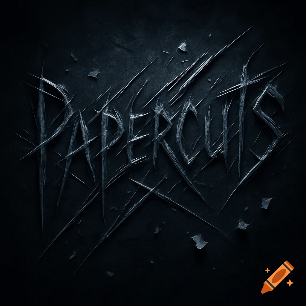 The word 'PAPERCUTS' rendered in sharp, light gray knife slashes on a dark, textured background.