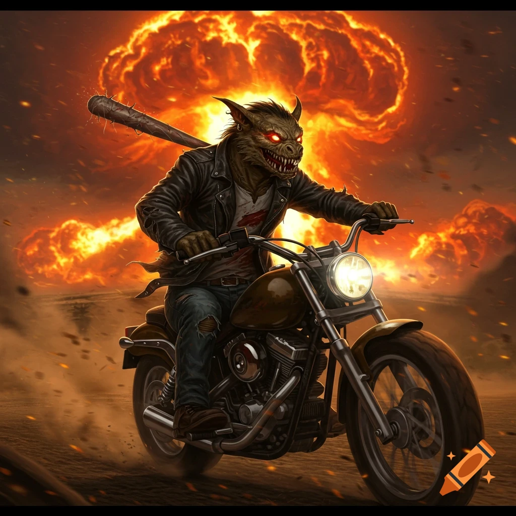 A monstrous Chupacabra with glowing red eyes and sharp teeth, wearing a leather jacket, rides a motorcycle with a spiked bat, against a backdrop of a nuclear explosion.